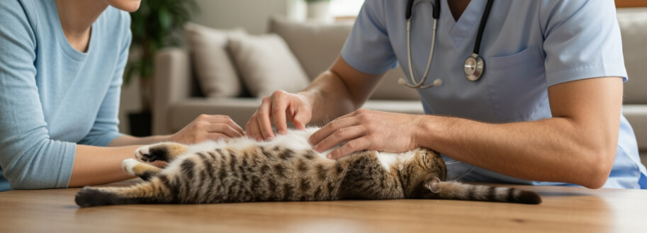 кошку (пузо) осматривает ветеринар на дому у клиента